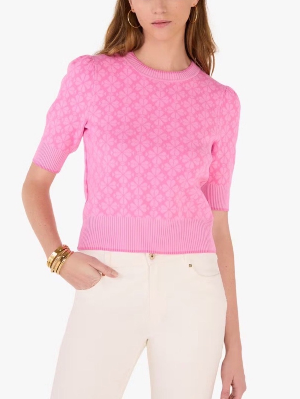 kate spade Hot Pink Short-Sleeve Cable Floral Knit Top